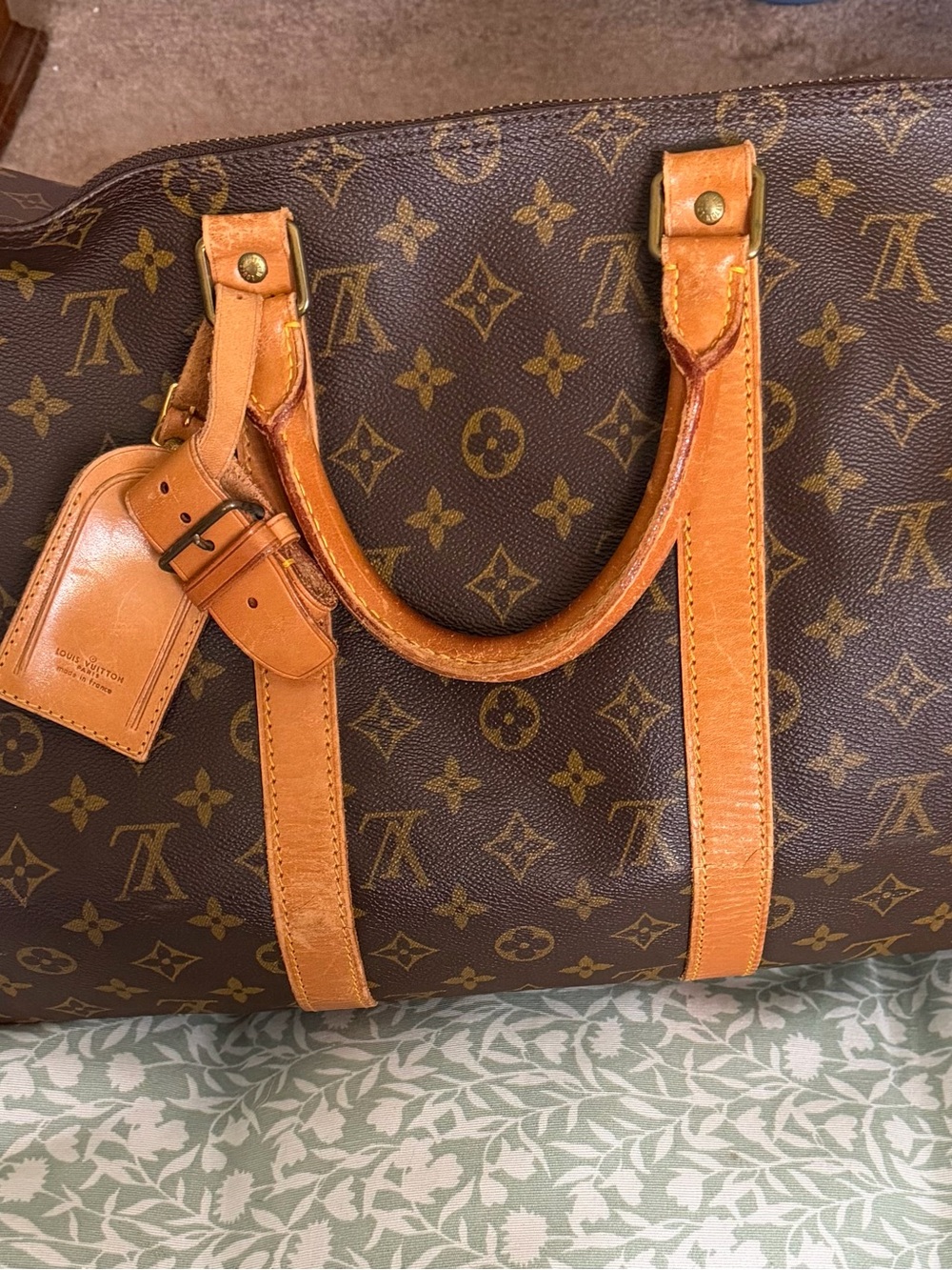 Louis Vuitton Brown Monogram Keepall Duffle Bag 50 with Tan Leather Trim